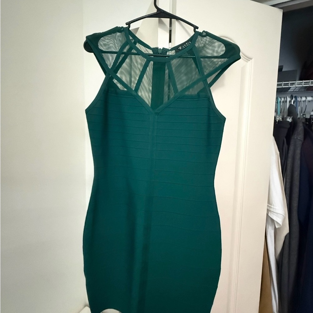 Sleeveless Forest Green Mesh Yoke Sheath Dress